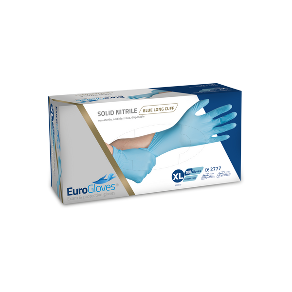 Eurogloves Handschoenen Solid-Nitrile Lange Manchet Blauw (100 stuks)